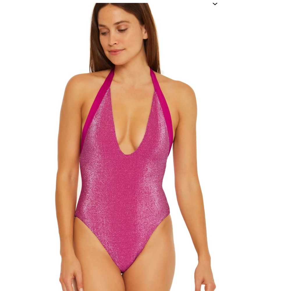 TRINA TURK
Cosmos Metallic Plunge Pink One Piece Swimsuit size 6 small med